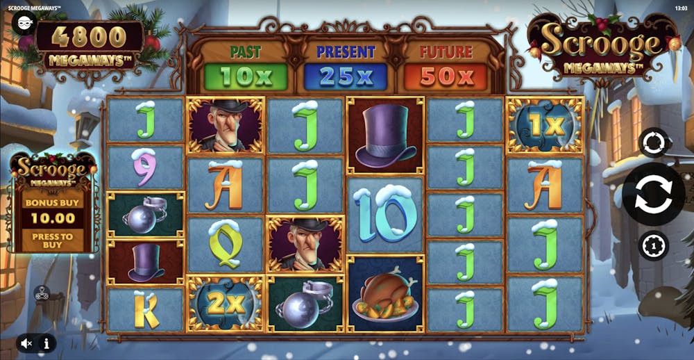 scrooge megaways slot symbols displayed on the reels, with high paying symbol, multipliers, and playing card symbols