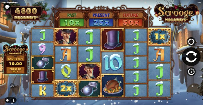 scrooge megaways slot symbols displayed on the reels, with high paying symbol, multipliers, and playing card symbols
