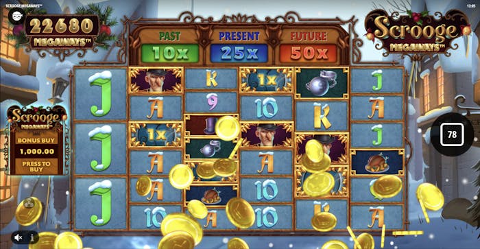 Scrooge Megaways slot game interface featuring cascading reels with winter-themed symbols, including snow-covered letters and festive items. The screen highlights multipliers labeled 'Past 10x,' 'Present 25x,' and 'Future 50x,' with gold coins falling to indicate a win. A bonus buy option for 1,000.00 is visible on the left, set against a snowy Victorian-style backdrop