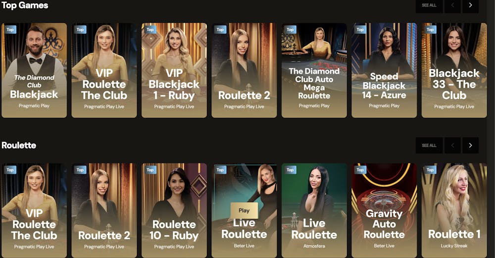 selection of live casino games available at lucky ones casino including roulette