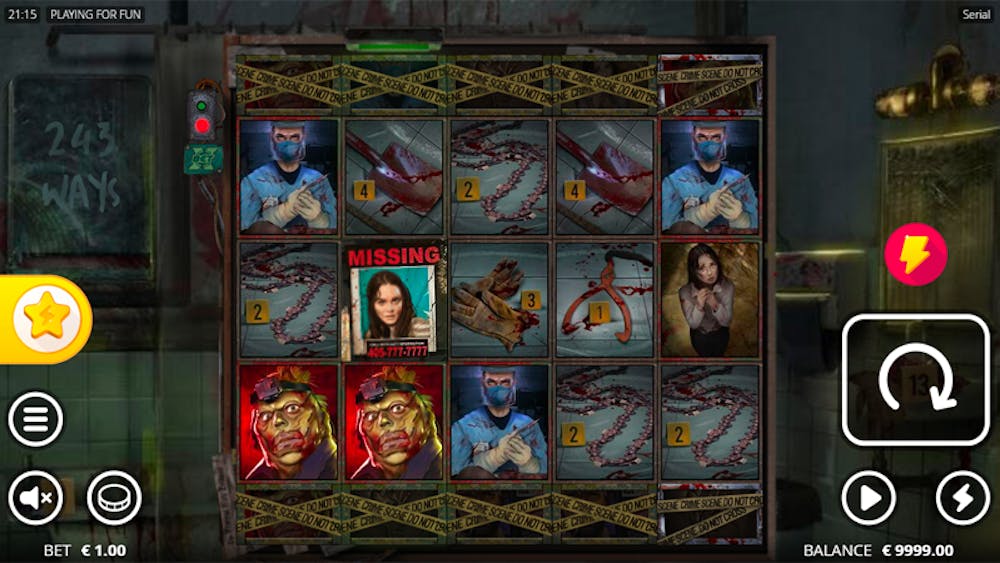 Gameplay screen of the Serial slot game featuring a dark, crime scene-themed reel setup with symbols such as missing person posters, bloody tools, a masked character, and crime scene tape. The interface shows a €1.00 bet and a balance of €9999.00.