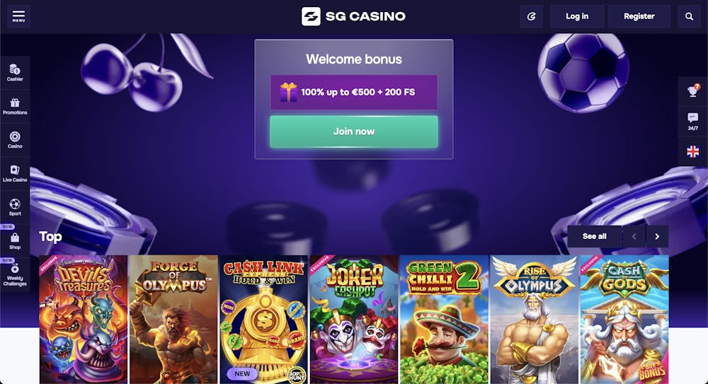 sg casino home page with welcome bonus centre and games below