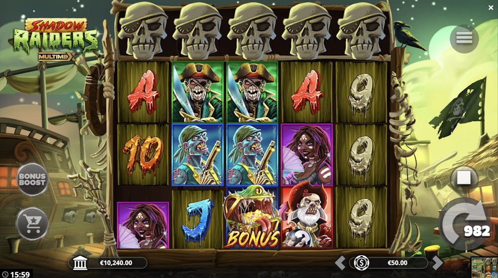 shadows raiders multimax reels with bonus and pirate symbols displayed