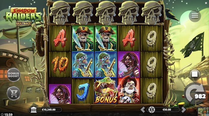 shadows raiders multimax reels with bonus and pirate symbols displayed