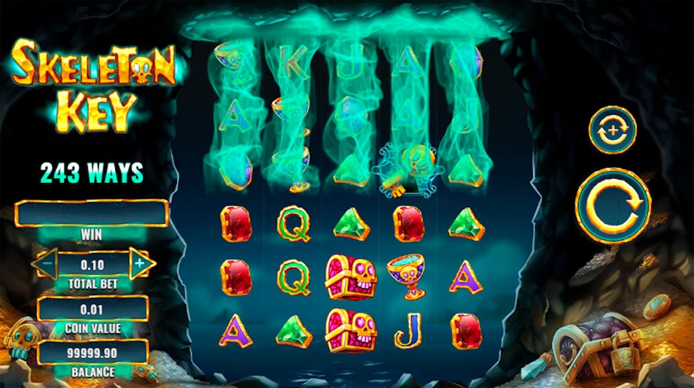 Screenshot of the Skeleton Key slot game by IGT, showcasing its 243 ways to win, glowing symbols, and treasure-themed graphics set in a mysterious cave.