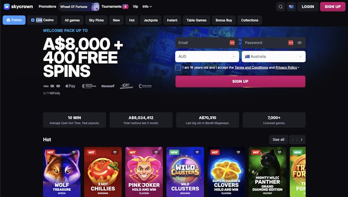 Skycrown Casino homepage featuring a prominent sign-up form with fields for email, password, currency set to AUD, and country set to Australia. Large welcome offer headline states 'Welcome Pack up to A$8,000 + 400 Free Spins' above payment method logos including Visa, MasterCard, Apple Pay, Crypto Processing, Neosurf, Jet Bank Transfer, CashoCode, and MiFinity. Below are key stats showing 10-minute average cash out time, over A$6 million total cashout in the last 5 months, a big win of A$70,310 on Bandit Megaways, and a library of 7,000+ licensed games. The page also highlights popular hot games like Wolf Treasure, 3 Hot Chillies, Pink Joker, Wild Clusters, and more.