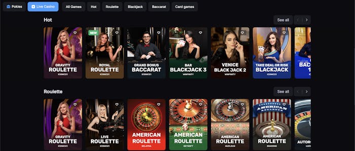 Skycrown Casino live dealer games interface showcasing a horizontal row of hot live casino games including Gravity Roulette, Royal Roulette, Grand Bonus Baccarat, Bar Blackjack 3, Venice Blackjack 2, and Take Deal or Risk Blackjack.
