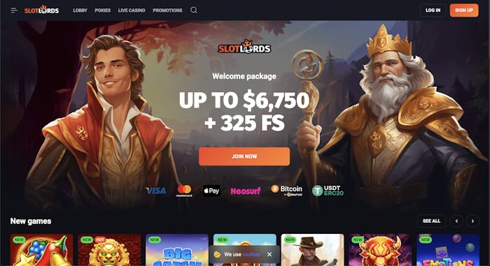 Screenshot of Slot Lords casino homepage highlighting a welcome package of up to $6,750 and 325 free spins, with two illustrated royal characters.