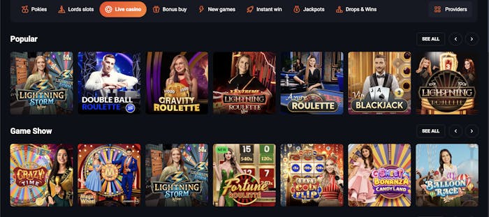 Screenshot of a live casino page showing popular games like Lightning Storm, Double Ball Roulette, and VIP Blackjack, along with game shows such as Crazy Time, Mega Wheel, and Sweet Bonanza Candyland.