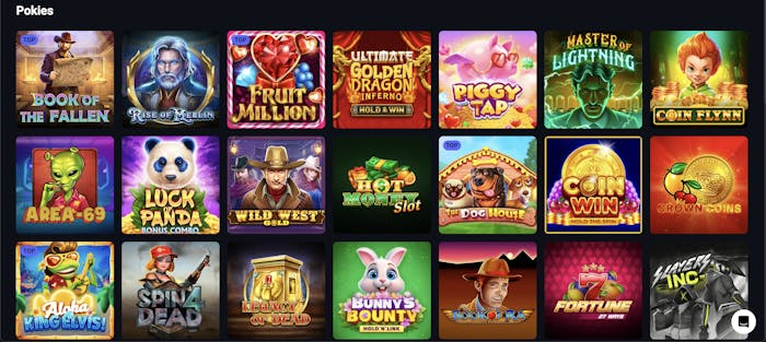 Screenshot of an online pokies selection featuring games like Book of the Fallen, Rise of Merlin, Fruit Million, Piggy Tap, and The Dog House.