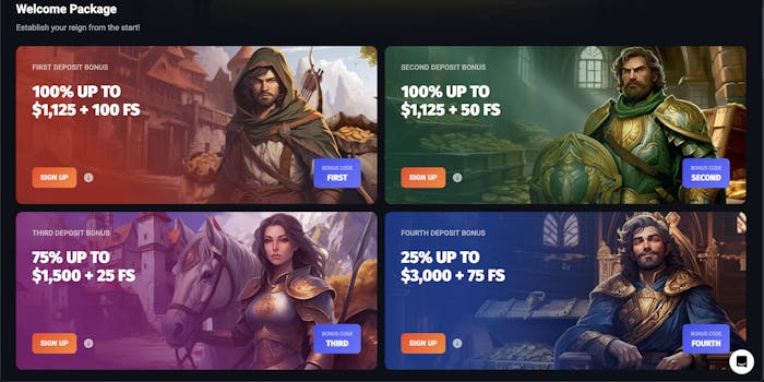 Screenshot of slot lords casino welcome bonus section showing four deposit bonuses with fantasy characters and offers up to $3,000 plus free spins.