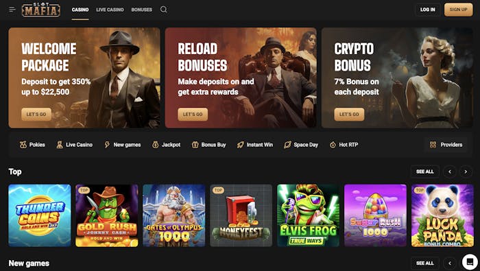 Slot Mafia home page, displaying promotions like the Welcome Package (350% up to $22,500), reload bonuses, and a crypto bonus with a 7% bonus on each deposit.