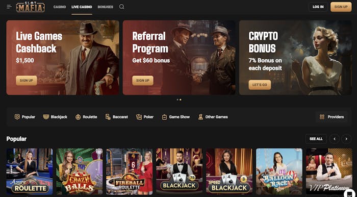 Promotional image for Slot Mafia’s live games section, featuring a live casino bonus of $1,500 and a