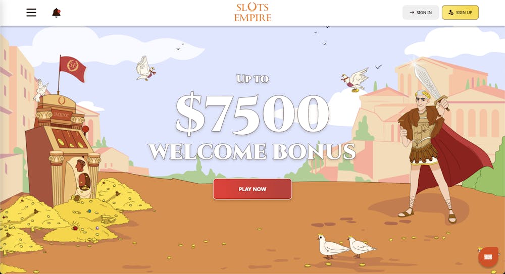 slots empire home page with cartoon roman style and welcome bonus displayed