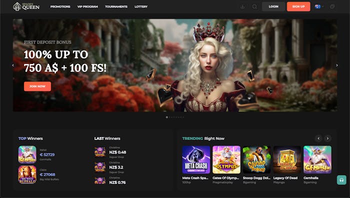 Homepage of Spades Queen displaying the first deposit bonus of 100% up to 750 A$ + 100 Free Spins with a promotional image of a queen character wearing a crown in a garden-like setting.