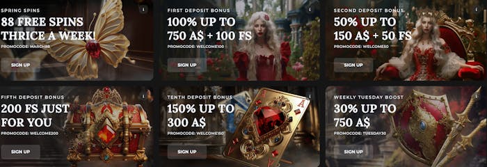 Promotions at Spades Queen featuring offers like '88 Free Spins Thrice a Week', 'First Deposit Bonus: 100% up to 750 A$ + 100 Free Spins', 'Fifth Deposit Bonus: 200 Free Spins', and 'Tenth Deposit Bonus: 150% up to 300 A$