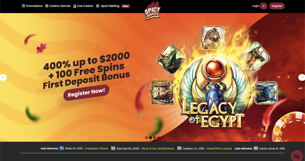 Spicy Jackpots homepage with a dynamic orange-themed layout promoting a first deposit bonus of 400% up to $2,000 and 100 free spins, alongside quick links to casino games and live casino sections.