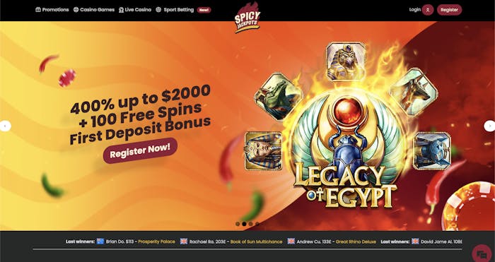 Spicy Jackpots homepage with a dynamic orange-themed layout promoting a first deposit bonus of 400% up to $2,000 and 100 free spins, alongside quick links to casino games and live casino sections.