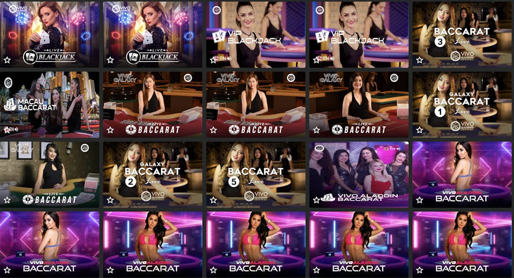 Spicy Jackpots live casino section showcasing games like live blackjack, VIP blackjack, and multiple baccarat tables with engaging, themed visuals.