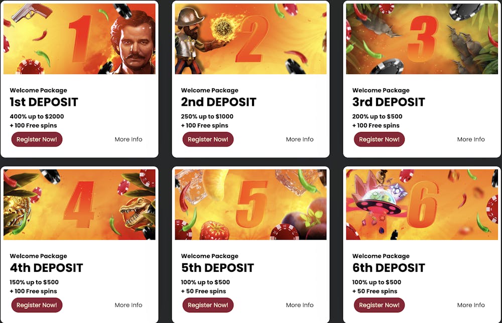 Spicy Jackpots promotions page highlighting an attractive welcome package offering up to $2,000 and 100 free spins across multiple deposits.