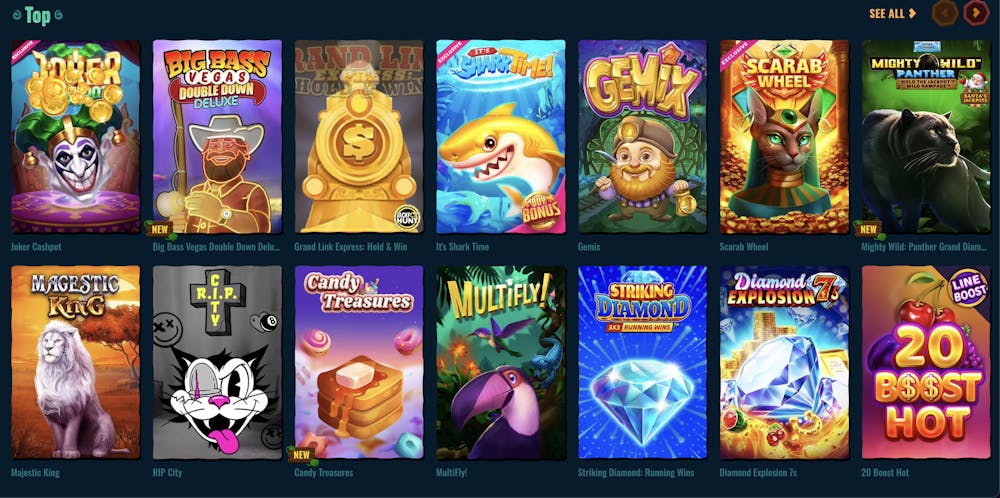 Selection of top casino games on Spinanga, featuring Joker Cashpot, Big Bass Vegas Double Down Deluxe, Gemix, and Mighty Wild: Panther Grand Diamond, displayed with eye-catching thumbnails.