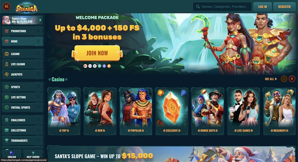 Spinanga Casino homepage featuring a vibrant jungle-themed design, with a welcome offer of up to $4,000 and 150 free spins, and a menu for games, live casino, jackpots, and more.