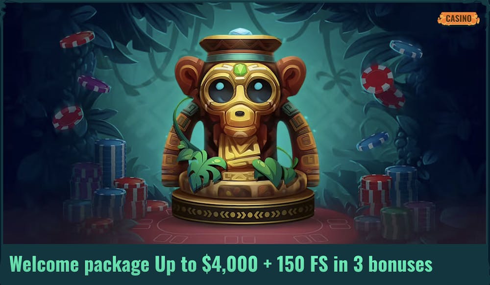 Promotional banner on Spinanga displaying a golden monkey idol surrounded by poker chips, advertising a welcome package of up to $4,000 and 150 free spins.