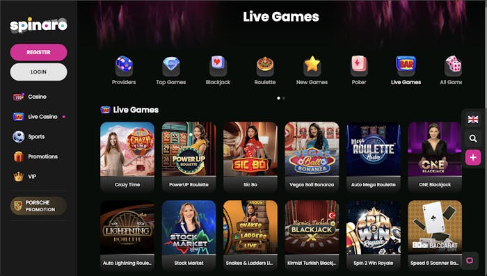 Live casino games available at Spinaro Casino