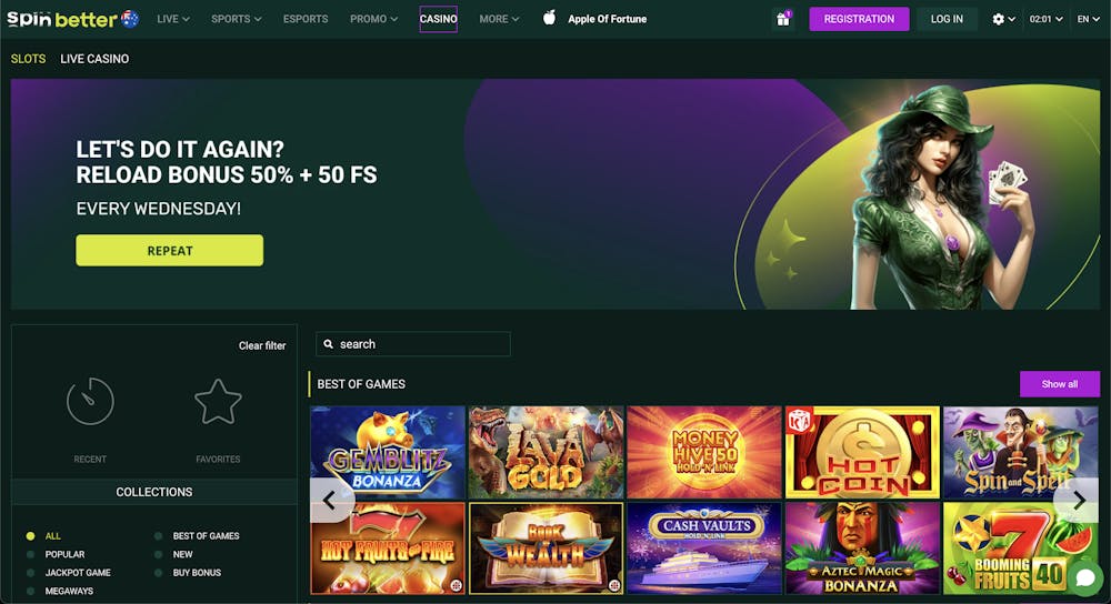 SpinBetter Casino home page showcasing a reload bonus promotion of 50% + 50 free spins, along with a preview of highlighted slot games in the 'Best of Games' section