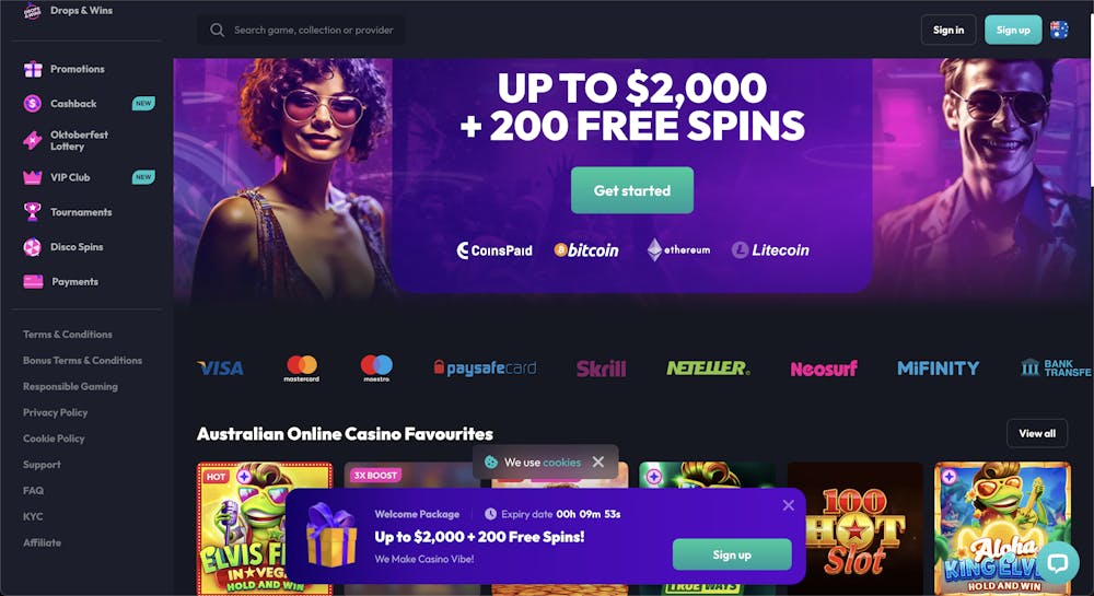 spin fever home page with welcome bonus and top games displayed next to menu