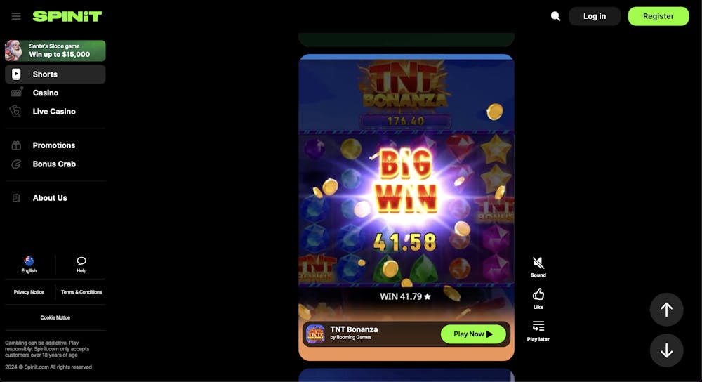 Spinit casino homepage featuring a highlighted promotion for Santa’s Slope game with a potential win of $15,000, alongside quick access menu options for live casino, promotions, and bonus features