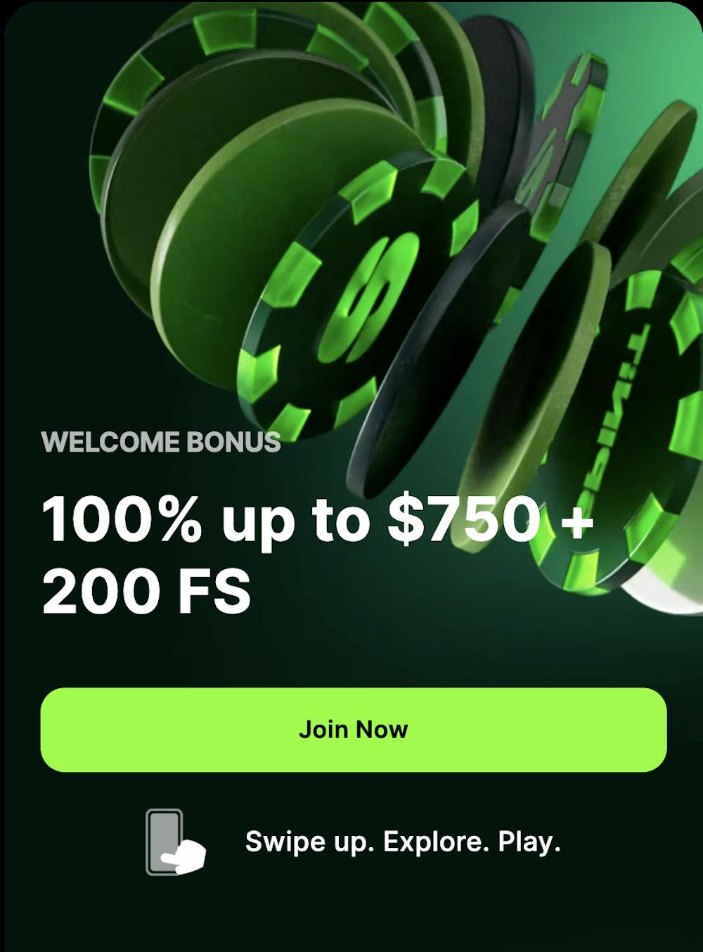 Spinit casino promotion banner advertising a welcome bonus of 100% up to $750 plus 200 free spins, with a vibrant green and black theme, encouraging players to join now and swipe for more information.