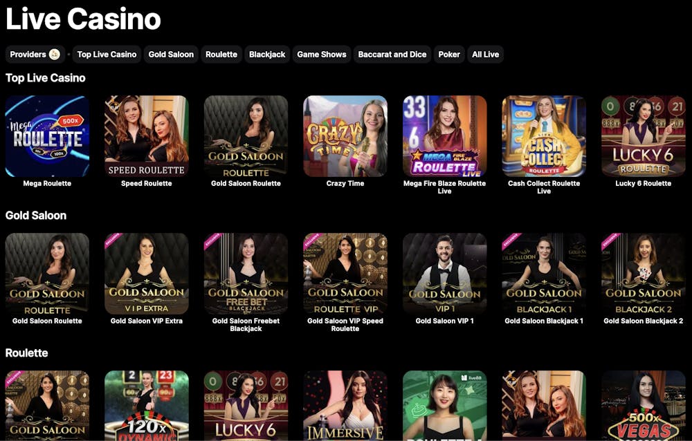 Spinit live casino section displaying various live dealer games, including Mega Roulette, Speed Roulette, Crazy Time, and Gold Saloon VIP options, organized under a sleek black background for easy navigation.