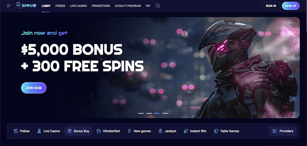 spinjo casino home page with welcome bonus displayed on sci fi theme