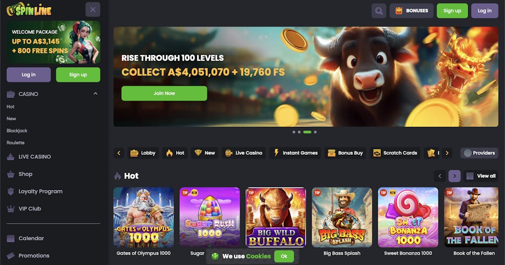 The homepage of Spinline Casino, featuring a welcome offer of up to A$3,145 with 800 free spins. A large banner at the top highlights a rewards program with over A$4 million in prize pools. The page layout includes a navigation menu, game categories, and a display of hot games.