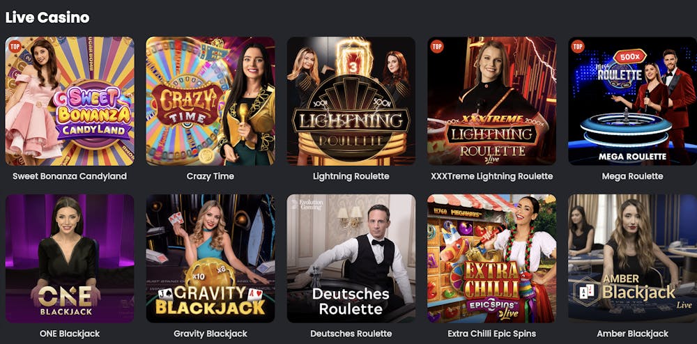 A selection of live dealer games at Spinline Casino, including 
