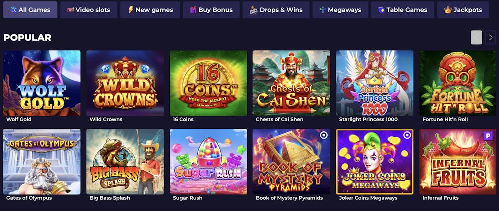 A selection of popular slot games like Wolf Gold, Big Bass Splash, and Gates of Olympus, with colourful thumbnails showcasing each game's theme and branding.