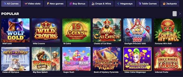 A selection of popular slot games like Wolf Gold, Big Bass Splash, and Gates of Olympus, with colourful thumbnails showcasing each game's theme and branding.