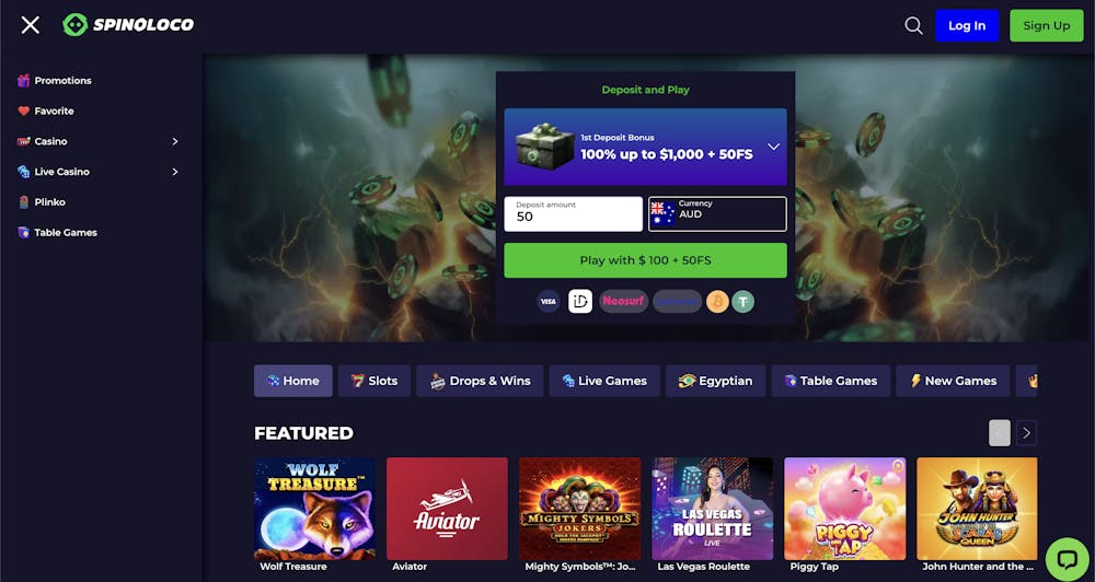 Homepage of Spinoloco casino featuring a promotional section for deposit bonuses, navigation menu, and game categories, with featured slots like Wolf Treasure and Mighty Symbols Jokers displayed at the bottom