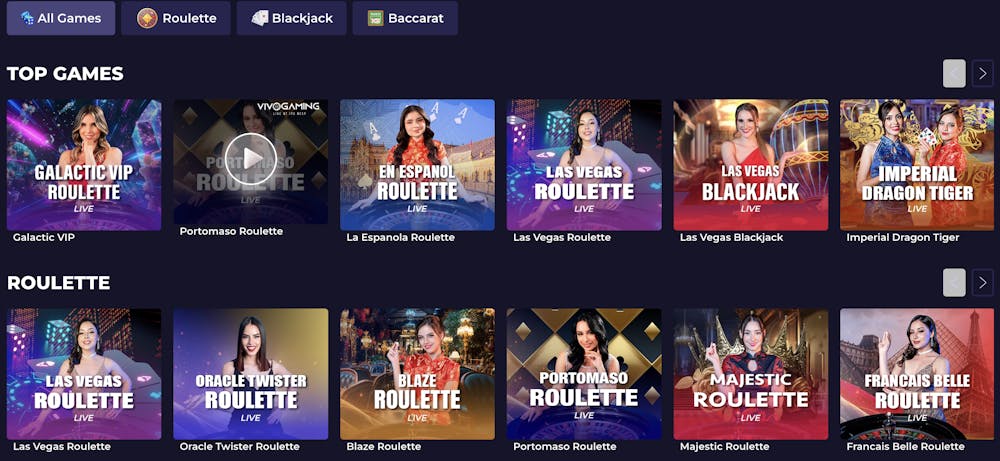 A live casino page featuring various roulette, blackjack, and baccarat games, including Galactic VIP Roulette and Imperial Dragon Tiger, with vibrant thumbnails showcasing dealers and themes