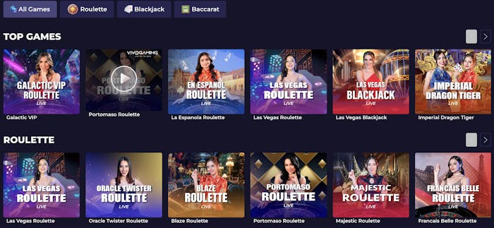 A live casino page featuring various roulette, blackjack, and baccarat games, including Galactic VIP Roulette and Imperial Dragon Tiger, with vibrant thumbnails showcasing dealers and themes