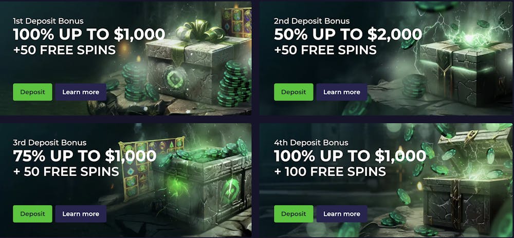 A promotional banner highlighting Spinoloco's deposit bonuses, including 100% up to $1,000 and additional free spins, with a green and dark themed design featuring glowing coins and treasure chests