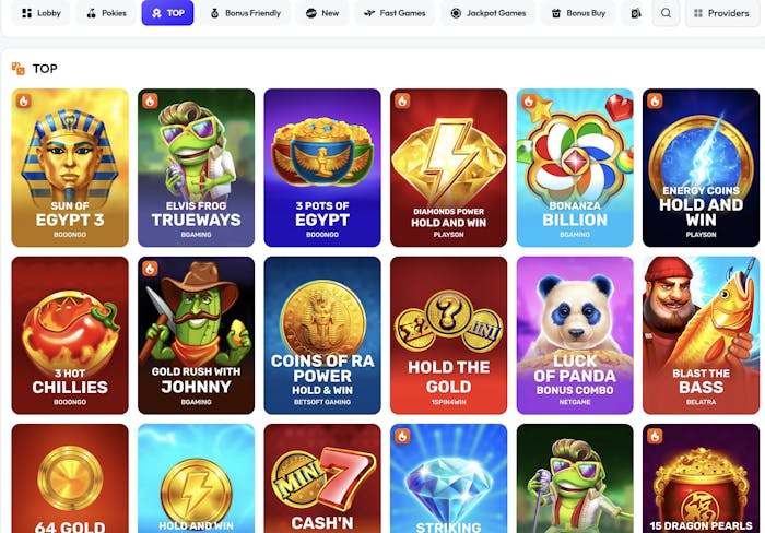 Spinrise Casino’s games lobby, displaying games such as Fruit Million, Book of Ra Deluxe, Sticky Coin Hold the Spin, and Lucky Barrel Tavern.