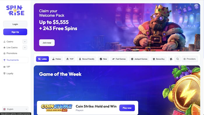Spinrise Casino's home page, featuring the welcome pack offer, links to various sections like casino, live casino, promotions, and tournaments, and the 'Join Now' button.