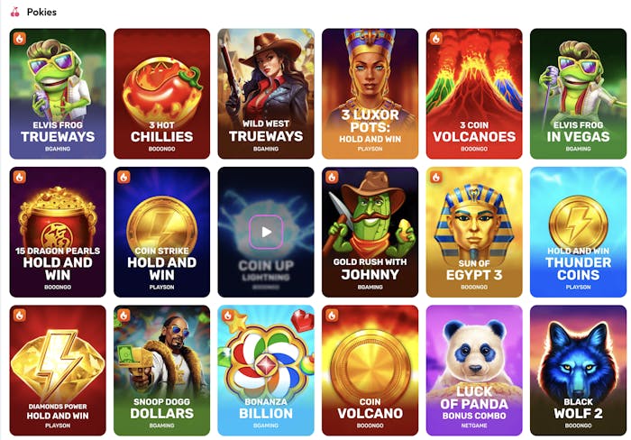 Spinrise Casino's pokies section, featuring popular titles like Elvis Frog Trueways, 3 Hot Chilles, Wild West Trueways, and Gold Rush with Johnny, with filters for bonus-friendly games and new releases.