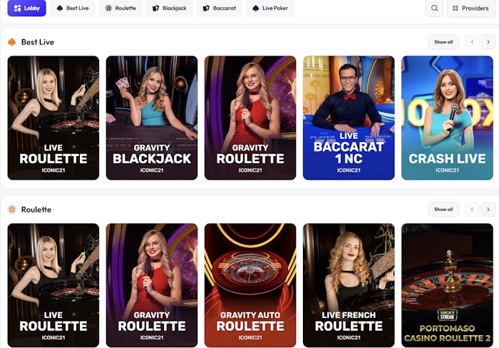 Spinrise Casino's live casino lobby, showing live games like Gravity Roulette, ONE Blackjack, and Crash Live, with options to explore more games and select providers.