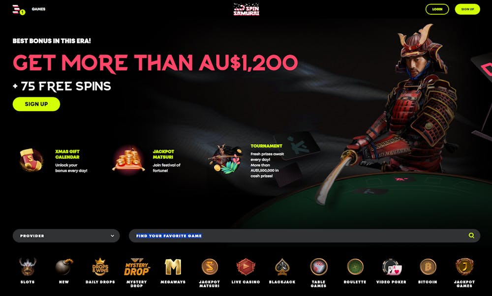 homepage of Spin Samurai Casino