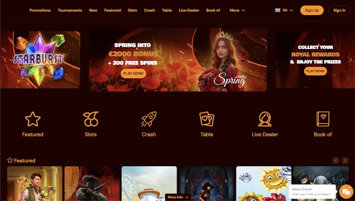 Homepage of Spins Castle showcasing promotions such as a spring-themed €2000 bonus, with navigation options for featured games, slots, and casino categories.
