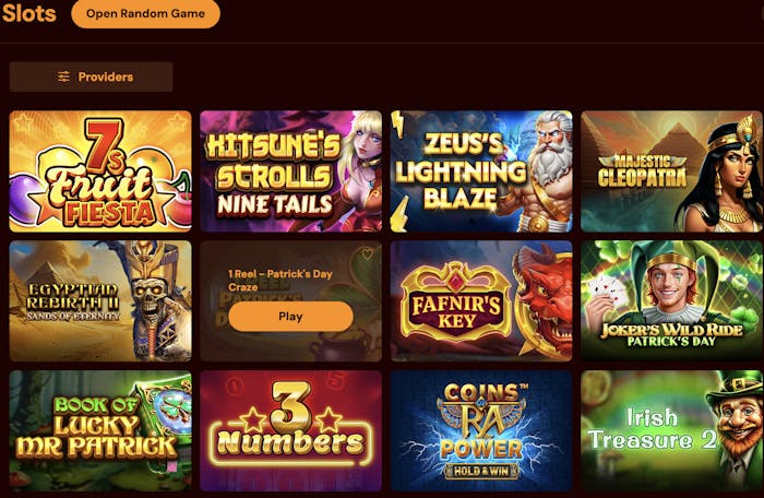 Casino game selection screen showing various pokies such as '7's Fruit Fiesta,' 'Hitsune's Scrolls Nine Tails,' 'Zeus's Lightning Blaze,' 'Majestic Cleopatra,' and others.