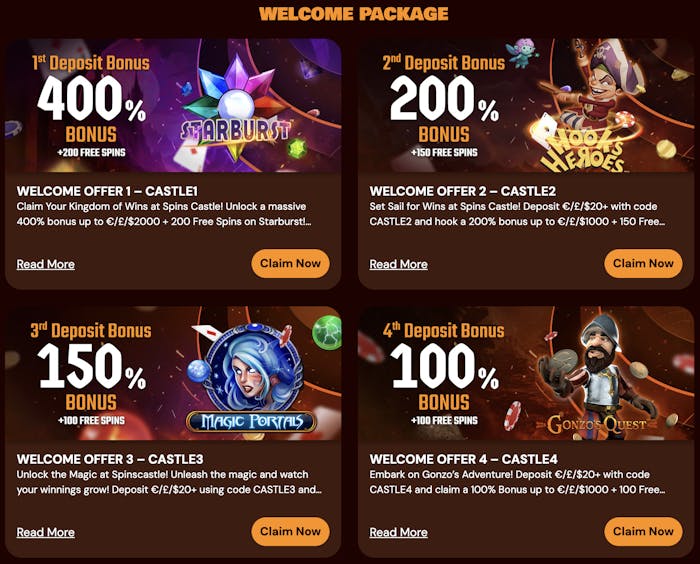 Promotional section on Spins Castle showing a welcome offer with a 400% bonus and free spins on 'Starburst,' alongside other bonus packages for subsequent deposits